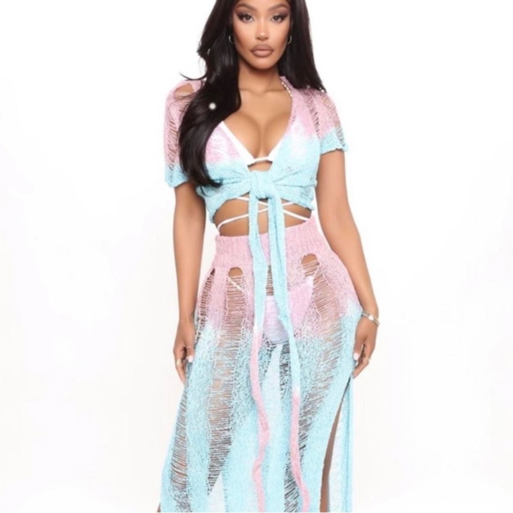 2 Piece Set Festival Crochet Knit Coverup Top Skirt Pink,Blue,knit,New - Picture 3 of 14